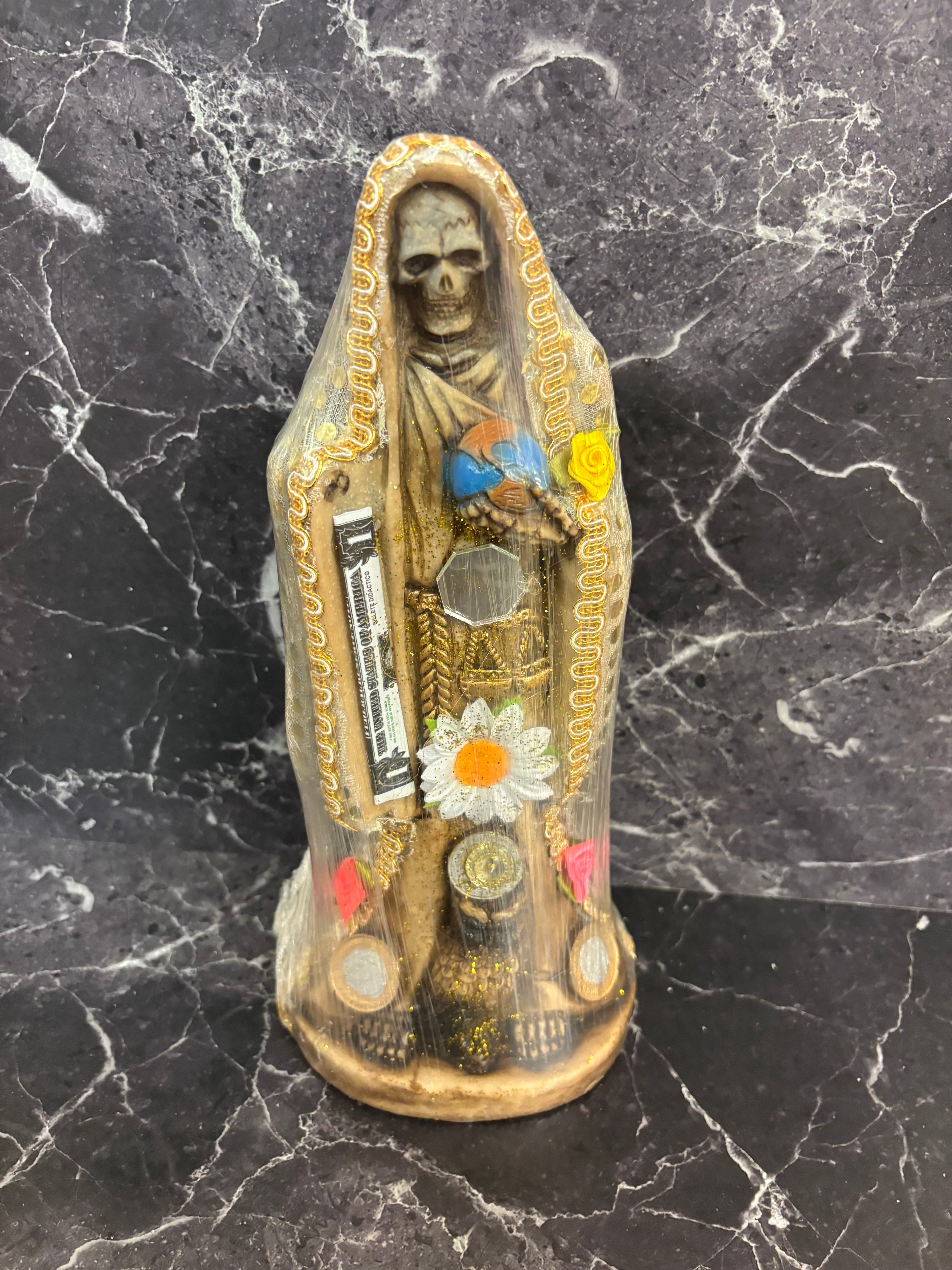 12.5” Santa Muerte Statues with Coins, Flowers & Scythe — 3 Variants