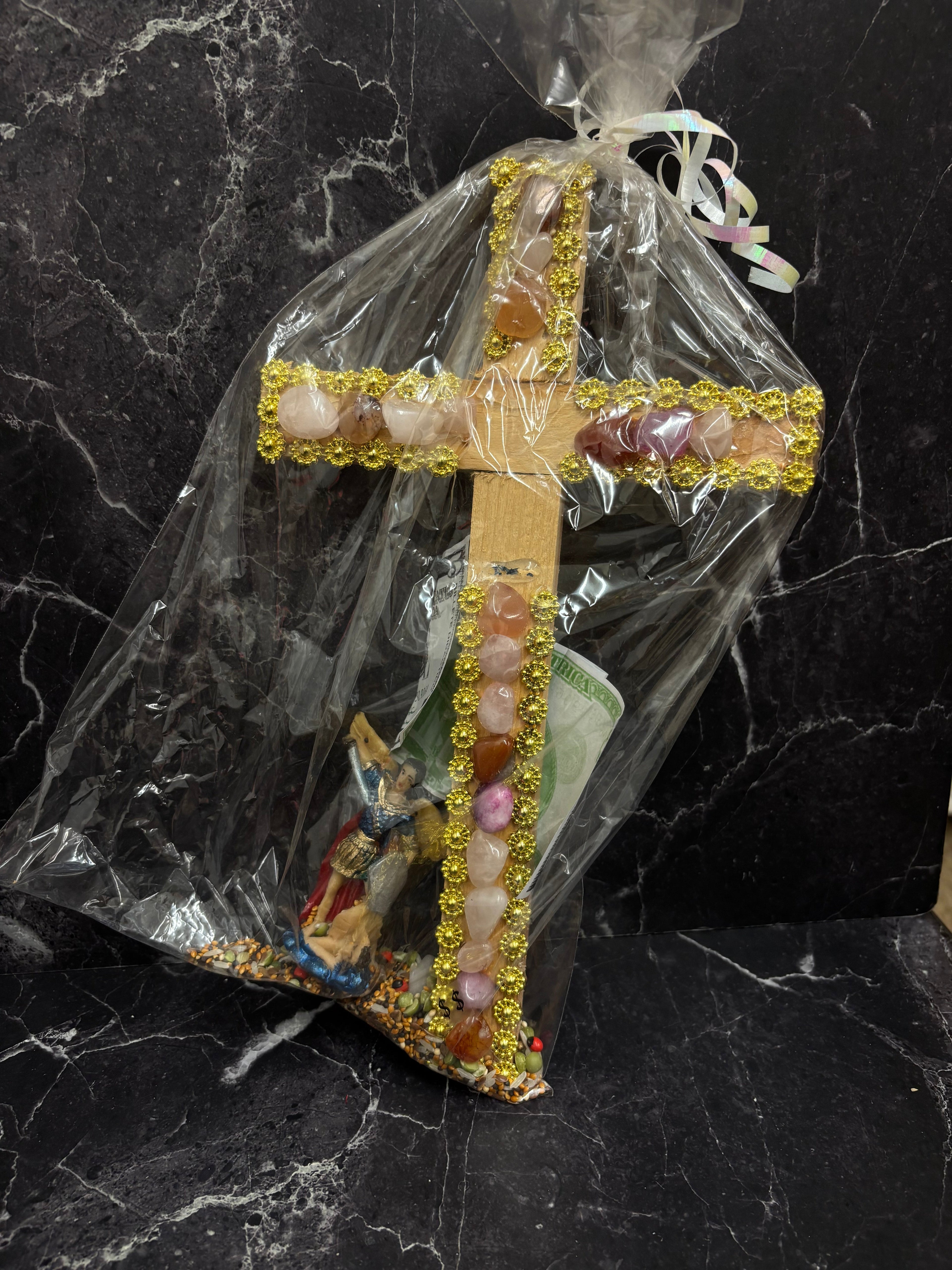 Gemstone Cross with Saint Michael Figurine – Protection, Blessings & Prosperity