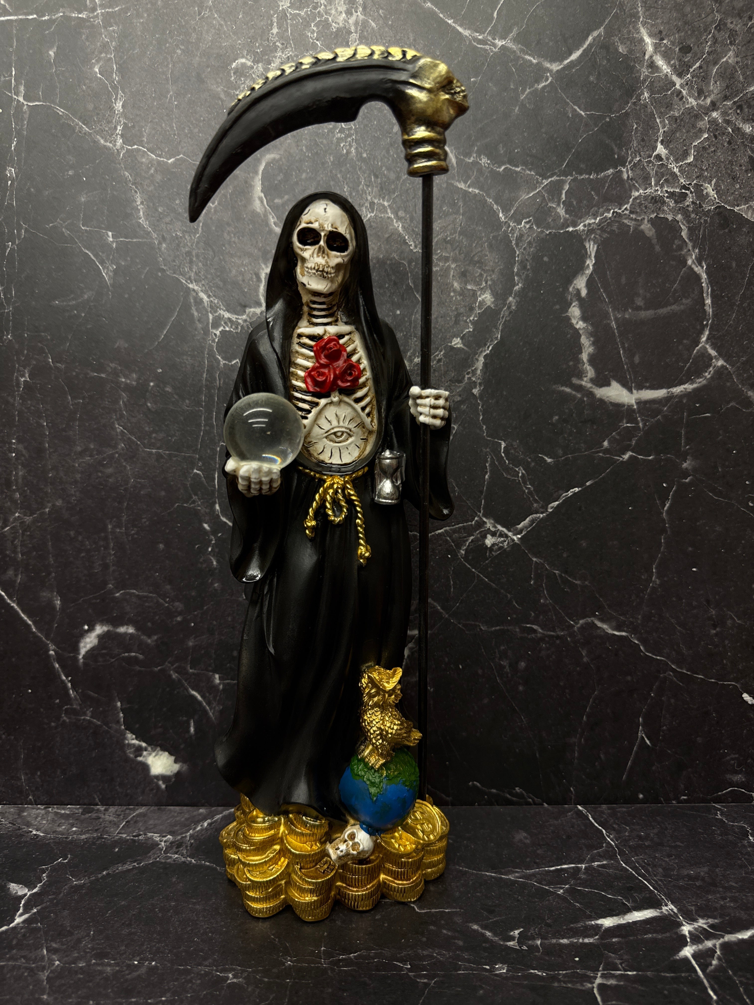 13” Santa Muerte with Scythe and Crystal Ball – Red, Black & White Robe Variants