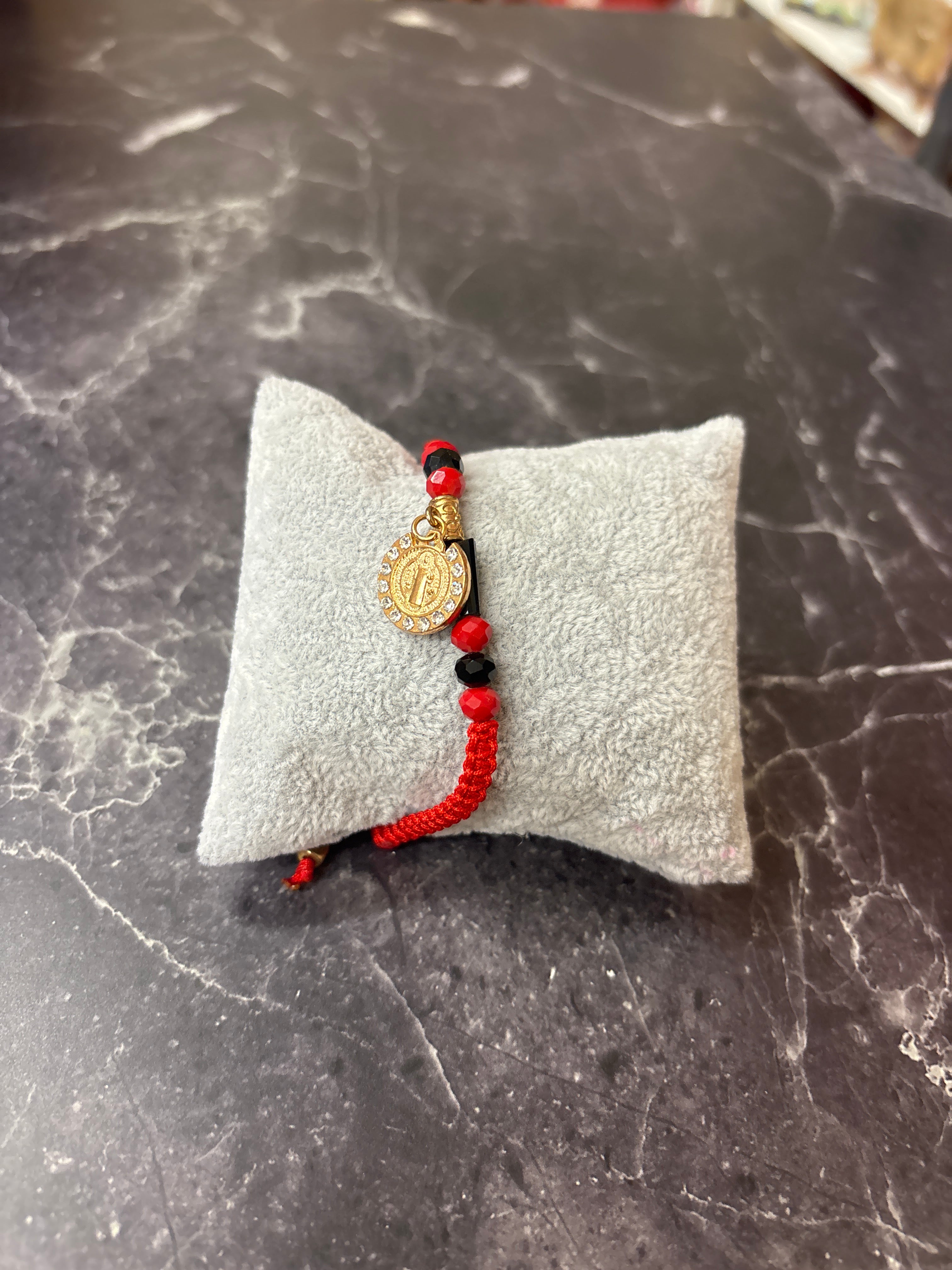 Red & Black Cord Saint Benedict Bracelet with Crystal Halo – Protection & Blessings