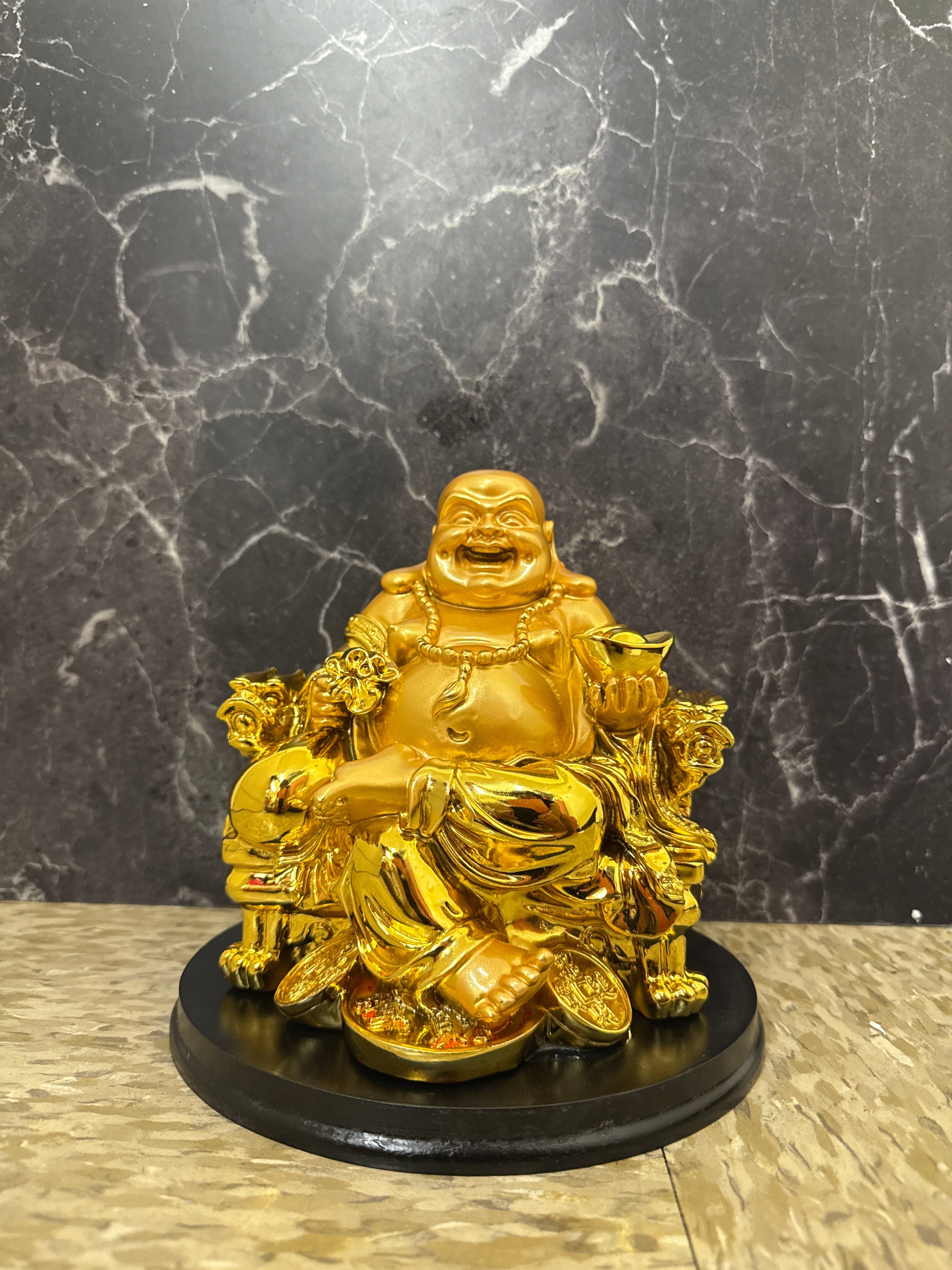 Feng Shui Laughing Buddha Figurines – Large Gold, Large Green & Gold, and Small Gold