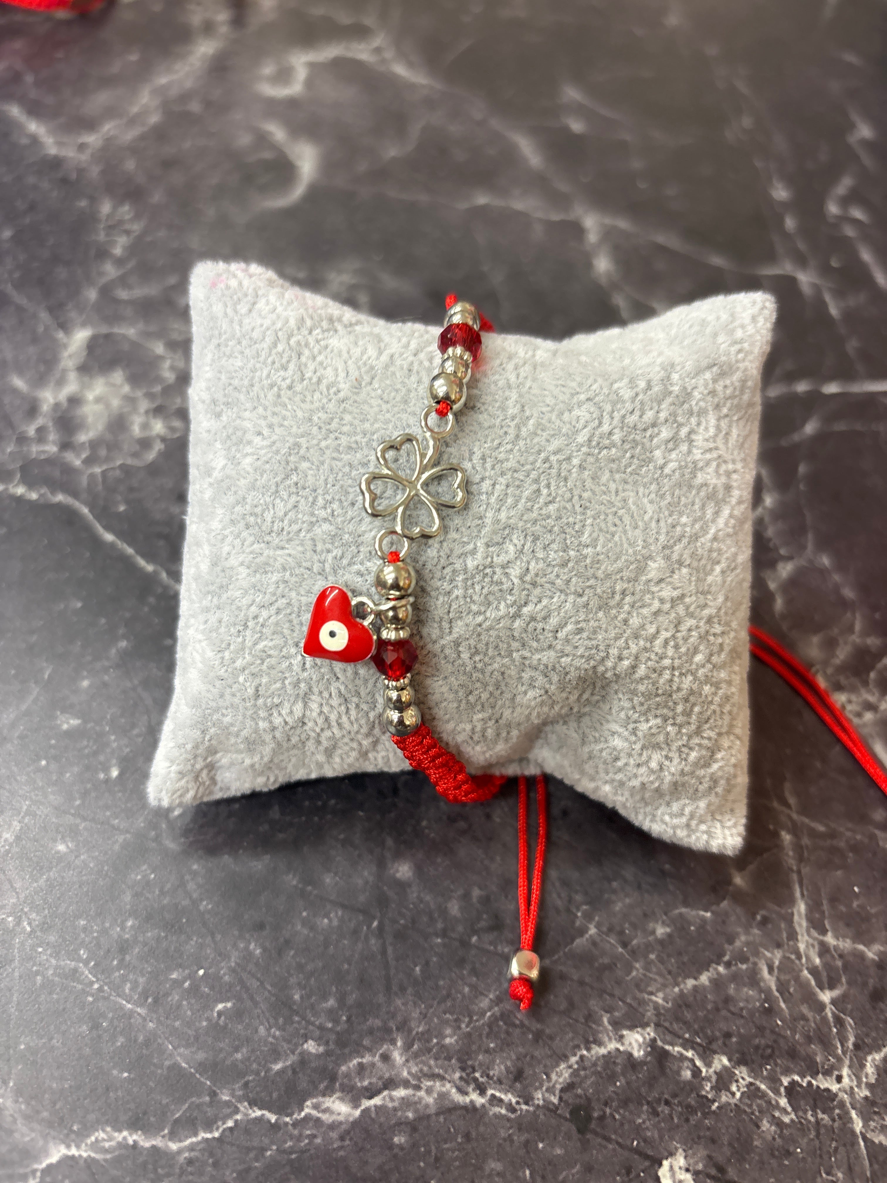 Red Lucky Clover & Heart Evil Eye Bracelet – Love, Luck & Protection