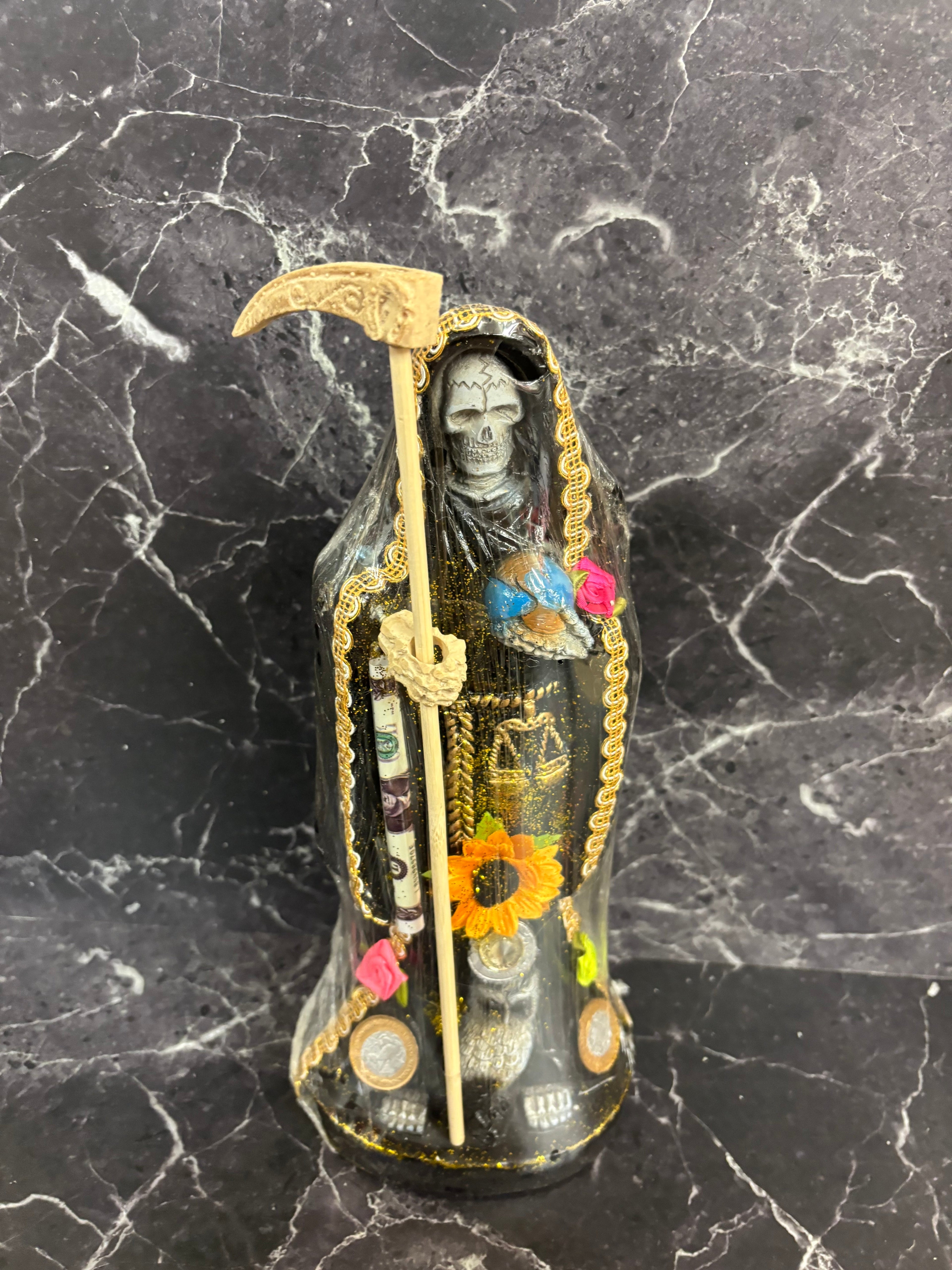 12.5” Santa Muerte Statues with Coins, Flowers & Scythe — 3 Variants