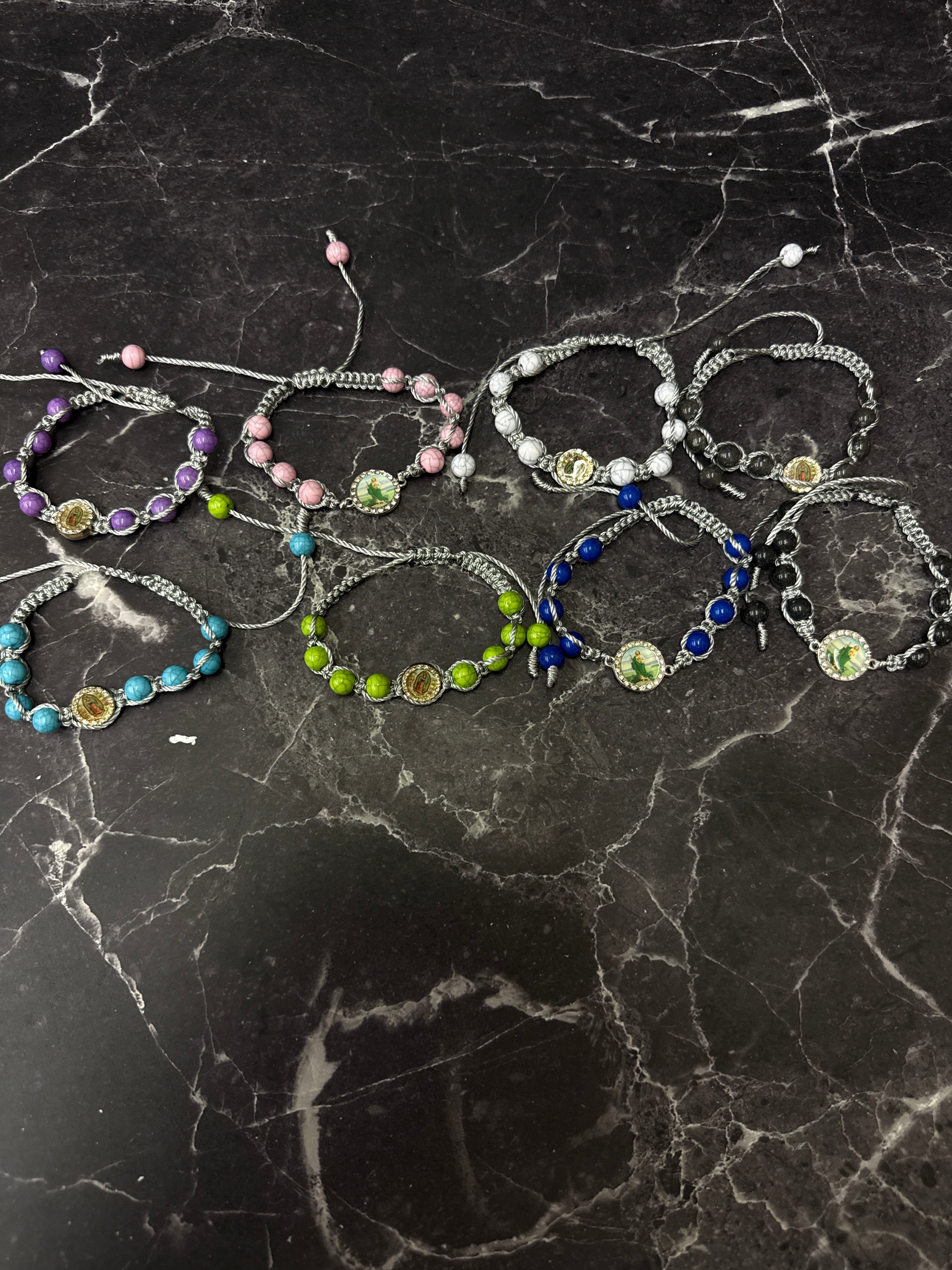 🌟 Adjustable Beaded Rosary Bracelets with Religious Medals – Light Blue, Black, Green, Dark Blue, Pink, Purple, White & Gray ✨