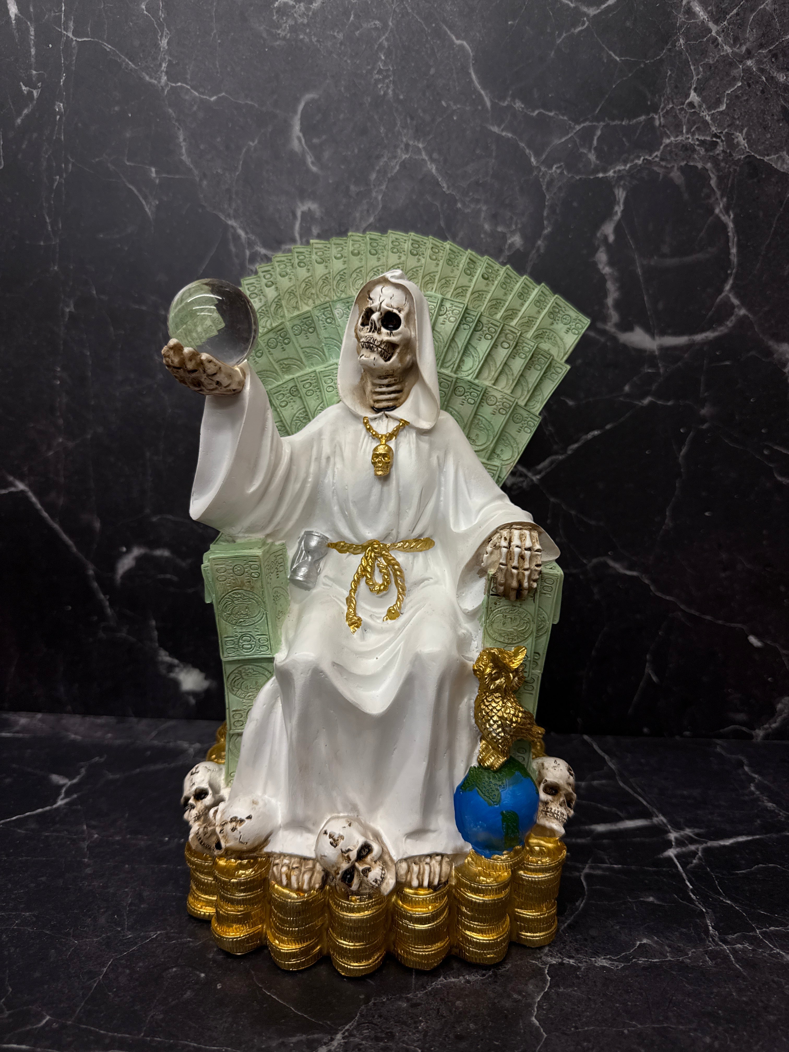 10.5” Santa Muerte Money Throne Statue – Black & White Variants