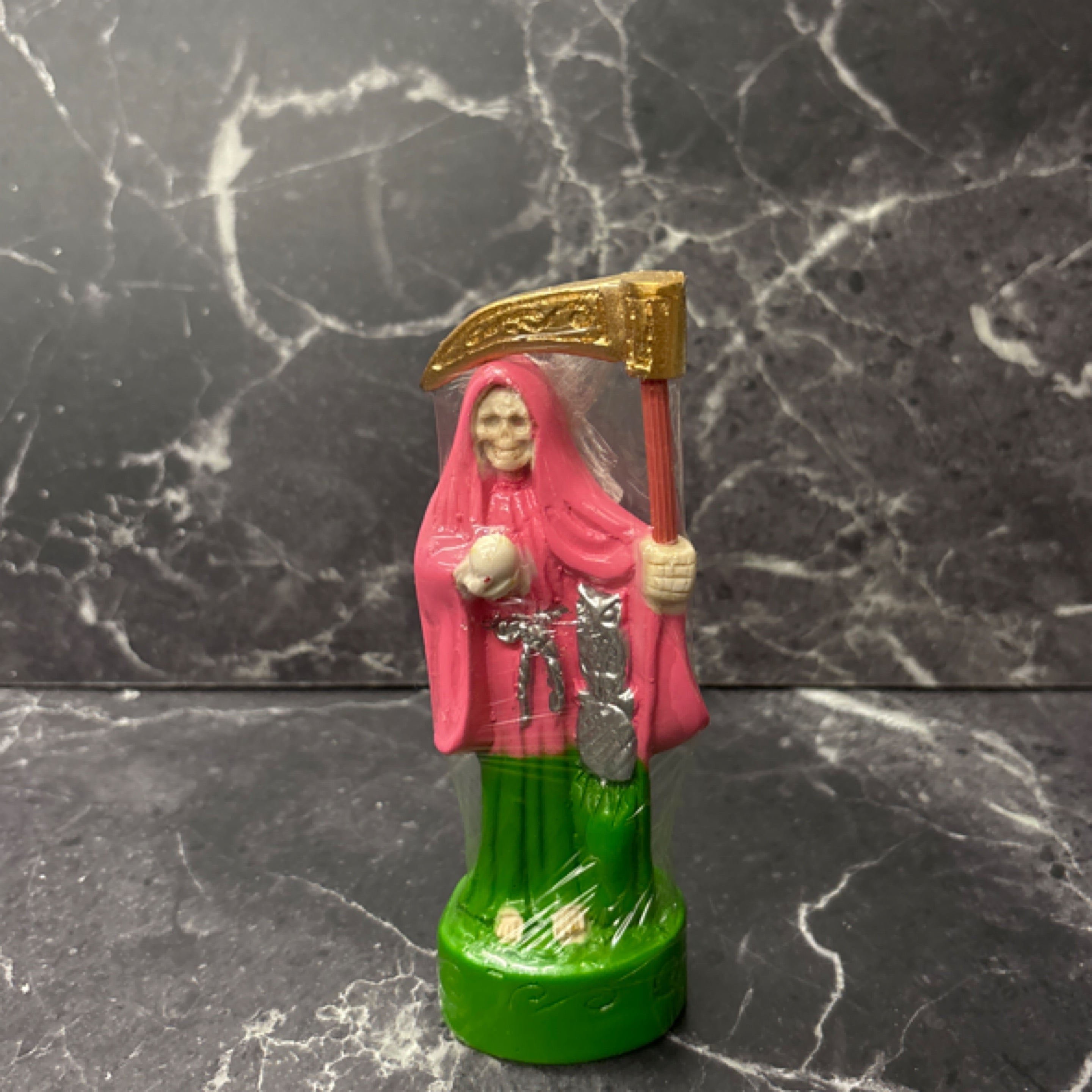 Santa Muerte Mini Statue Collection – Blue, Pink, Yellow & Orange (5.5”) prepared