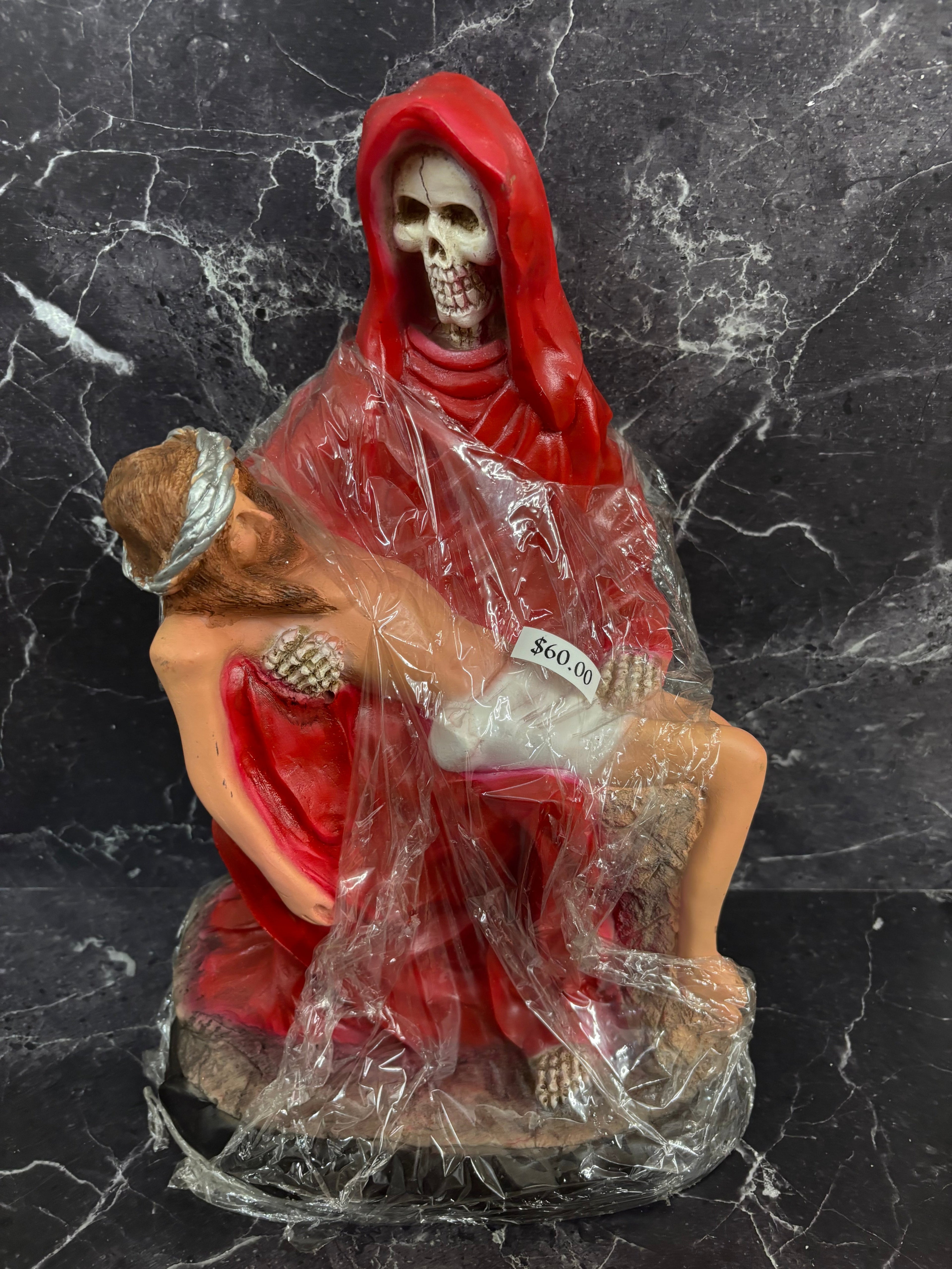 14.5” prepared Santa Muerte Pietà Statue – Red Robes with Christ Figure
