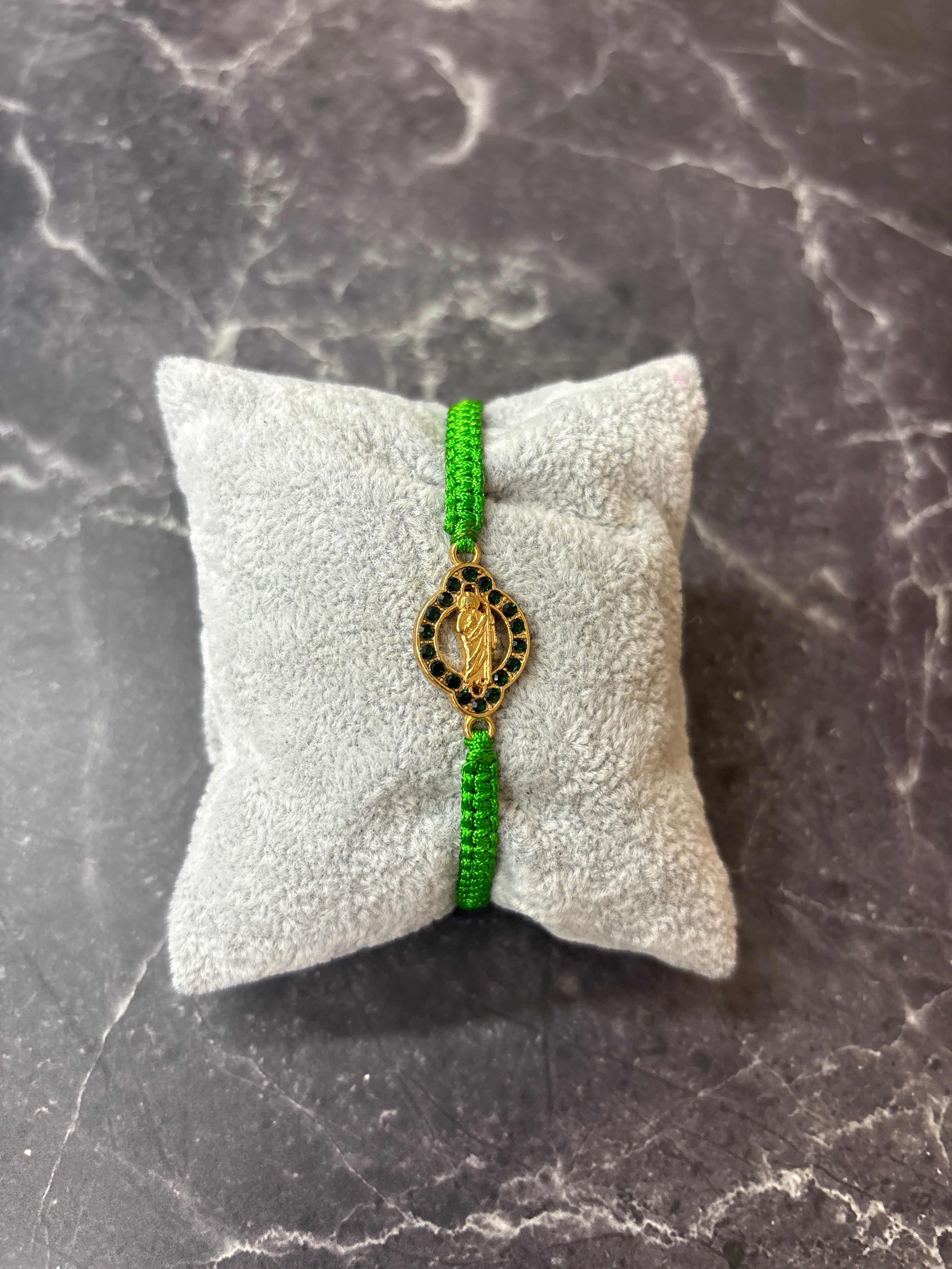 Green Cord Macrame Bracelet with Gold & Black Oval Charm Saint Jude